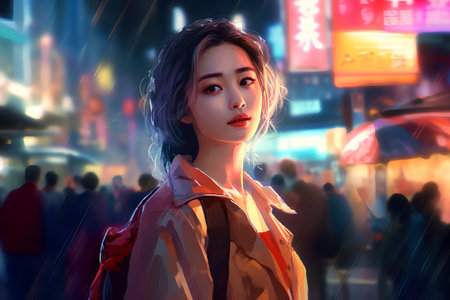 3D illustration of a beautiful asian woman in the city at nightの素材