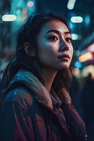 Beautiful asian woman with rain in the city at night.の素材