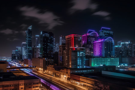 Night view of modern city with skyscrapers. 3D renderingの素材