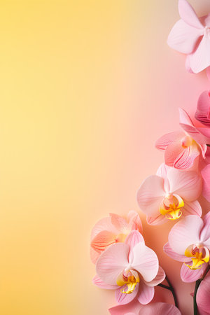 Beautiful pink orchid flowers on yellow background. Floral background.の素材