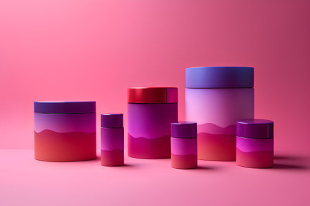 3d render of pink and purple cosmetic bottles on a pink backgroundの素材