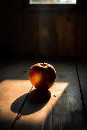 Red apple on a wooden table in front of a window in the sunlightの素材