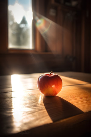 Red apple on a wooden table in the rays of the sun.の素材
