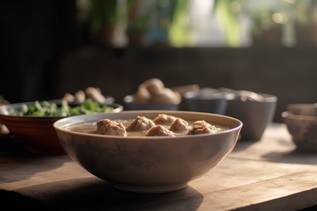 Boiled meatballs in a bowl on wooden table, selective focusの素材