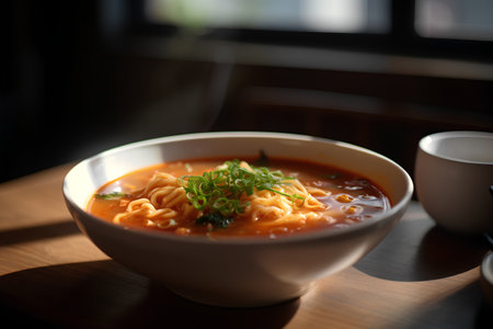 Bowl of hot ramen noodle soup on wooden table.の素材