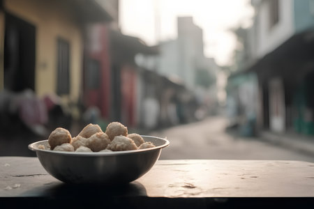 Bowl of fried rice balls on a wooden table with blurred backgroundの素材