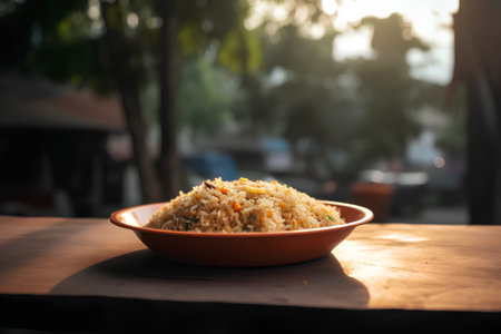 Fried rice in orange bowl on wooden table with sunset light.の素材