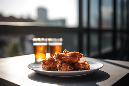 Fried chicken nuggets on a plate with two glasses of beer in the backgroundの素材