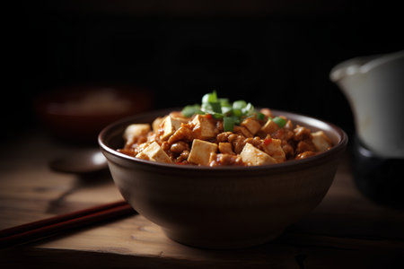 Tofu in a bowl with chopsticks on a wooden tableの素材