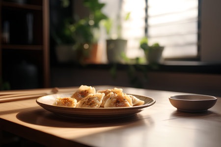 Dumplings in a plate on a wooden table in the kitchenの素材