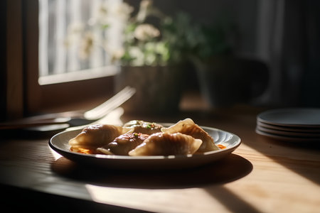 Fried dumplings on a plate in the rays of the sunの素材