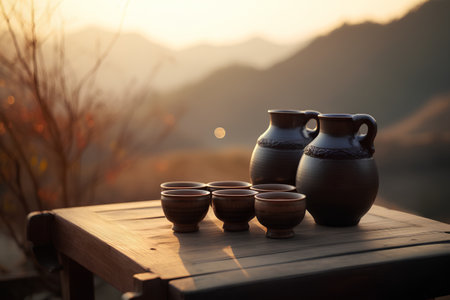 tea ceremony on the terrace with mountain background in morning light