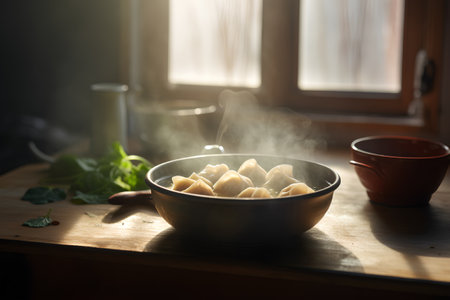 boiled dumplings in a bowl on a wooden table.の素材