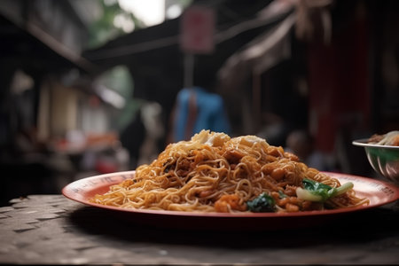 Noodles on a plate in the street of Bangkok, Thailandの素材