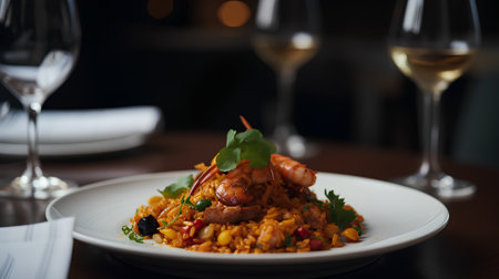 Seafood paella with shrimps and prawnsの素材