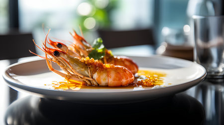 Grilled shrimps with caviar on white plate in restaurantの素材