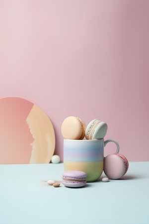 Colorful macarons and cup of coffee on pastel backgroundの素材