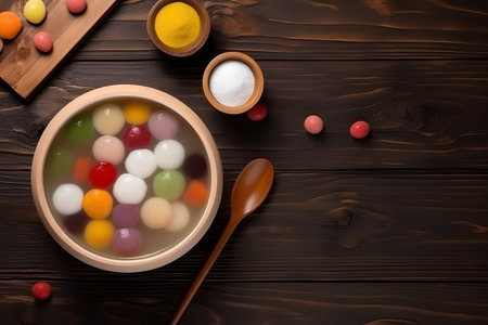 Wooden bowl with multicolored candies and spoon on wooden backgroundの素材