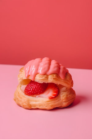 Cream puff with strawberry on pink background, close-up.の素材