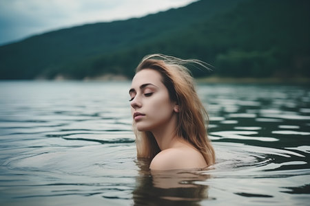 portrait of a beautiful girl in the water of a mountain lakeの素材