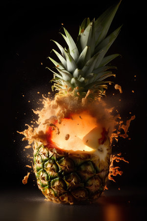 Pineapple explosion with flying fruits on black background. Mixed mediaの素材