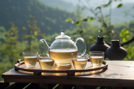 tea ceremony on the terrace in the morning with beautiful natureの素材