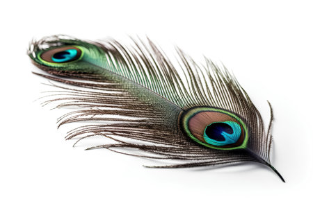 Beautiful peacock feather isolated on white background. Studio shot.の素材