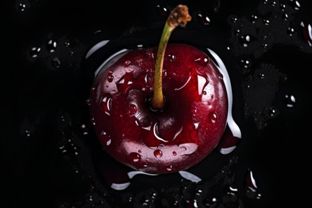 Sweet cherry on a black background with water drops. Close-up.の素材