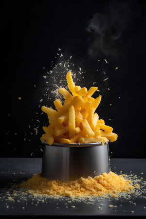 Golden French fries in a black bowl on a black background. Fast food.の素材