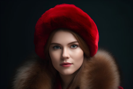 Portrait of a beautiful young woman in a red fur hat.の素材