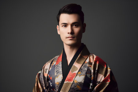 Portrait of handsome young man in kimono on dark backgroundの素材