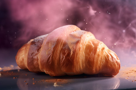 Croissant with powdered sugar on a dark background. Close-upの素材