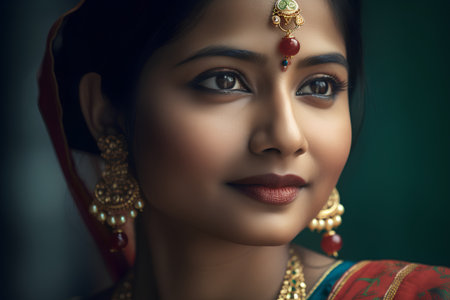 Portrait of a beautiful indian woman wearing traditional clothing and jewelryの素材