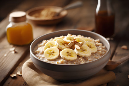 Oatmeal porridge with banana slices in a bowl on a wooden backgroundの素材