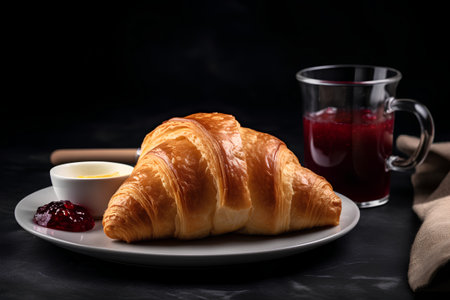 Fresh croissant with jam and cup of coffee on dark backgroundの素材