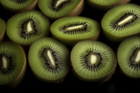 Kiwi fruit on a black background close-up macro photographyの素材