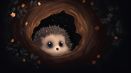 Hedgehog in a hole in the forest. Vector illustration.の素材