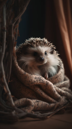 Cute little hedgehog in a basket under a warm blanket.の素材