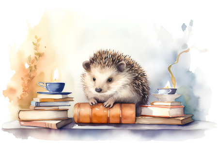 Watercolor illustration of a cute hedgehog sitting on books, a cup of coffee and a candle.の素材