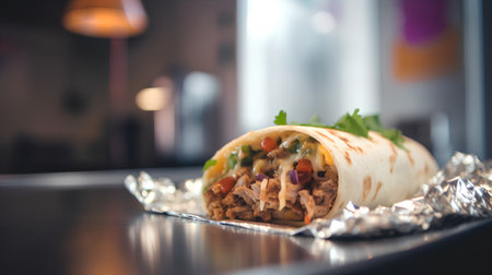 Tortilla wrap with chicken, vegetables and cheese on the tableの素材