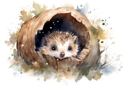 Watercolor hedgehog in a hole. Hand drawn illustration isolated on white backgroundの素材