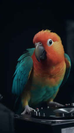 Colorful parrot on a turntable, close-upの素材