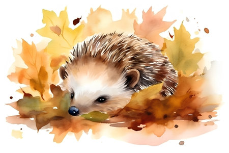 Hedgehog in autumn leaves. Watercolor hand drawn illustration.の素材