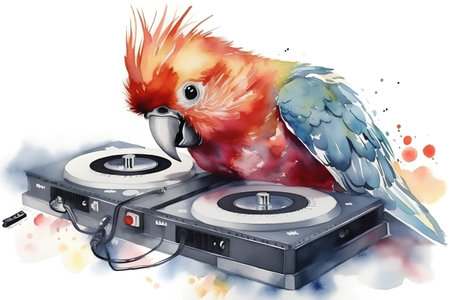Watercolor illustration of a parrot on a turntable.の素材