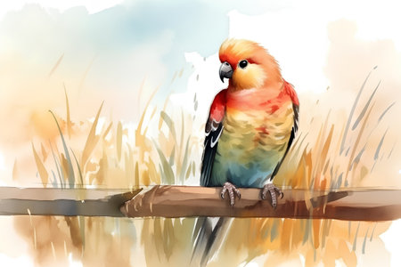 Illustration of a parrot sitting on a branch with watercolor backgroundの素材