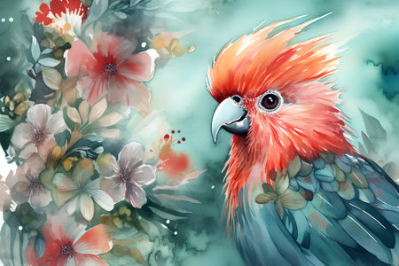 Watercolor tropical parrot with flowers. Hand drawn illustration on watercolor background.の素材