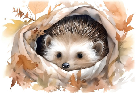 Watercolor hedgehog in a blanket with autumn leaves. Hand drawn illustrationの素材