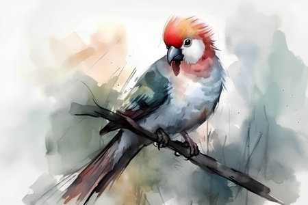 Beautiful parrot sitting on a branch. Watercolor illustration.の素材