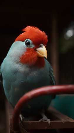 Parrot with red beak sitting on a perch in a cageの素材