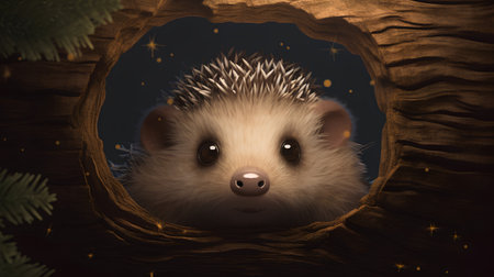 hedgehog in a hole in the wood. 3d illustrationの素材